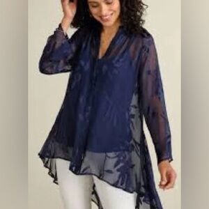 Soft Surroundings Silk Shirt Navy SZ M Silk sheer witchy goth fairy No Cami EUC